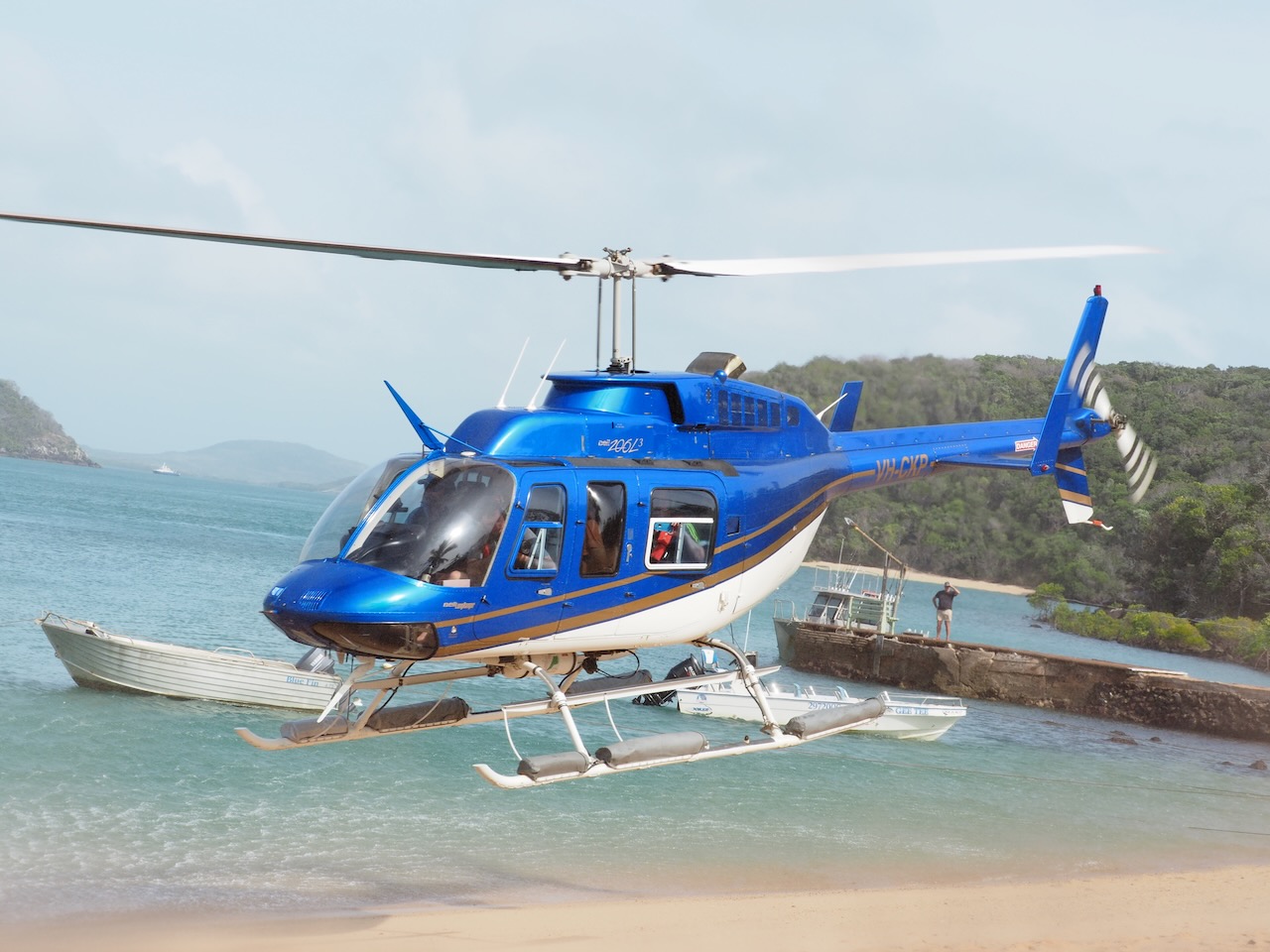 Helicopter arrival next to Albany Island beach